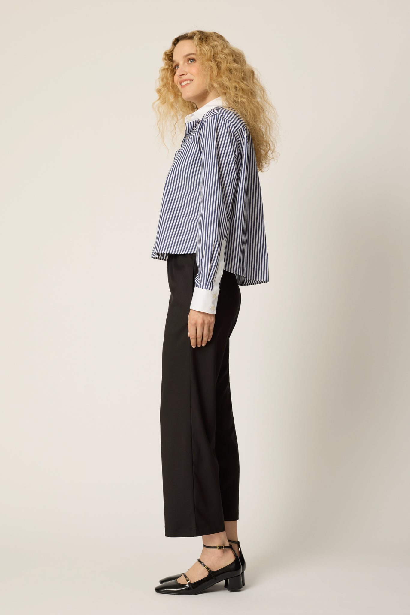 Coco Cropped Shirt - Navy Stripe Banker