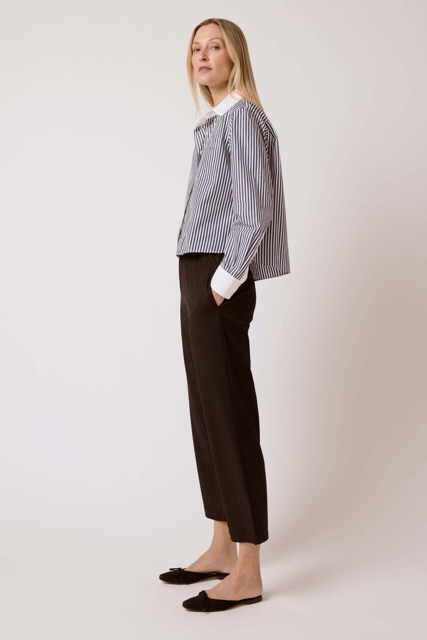 Coco Cropped Shirt - Navy Stripe Banker